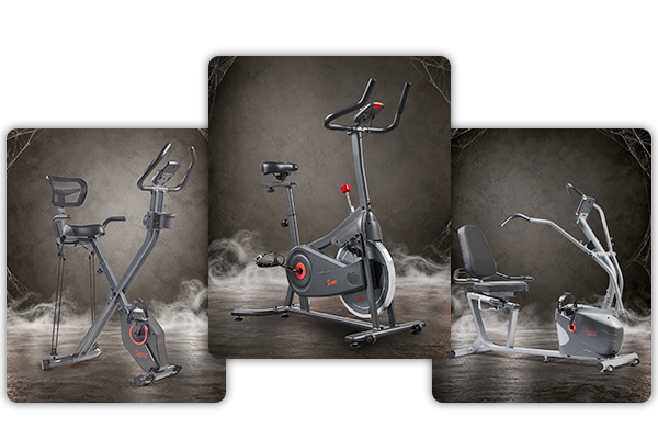 three images of exercise bikes on spooky background