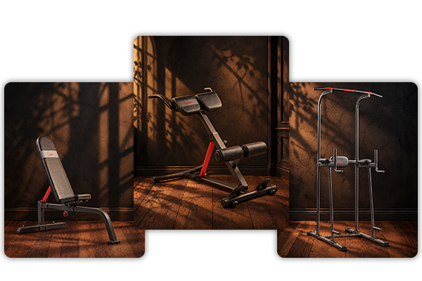 three images of exercise equipment on spooky background