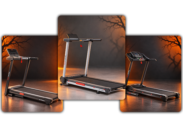 three images of treadmills on spooky background
