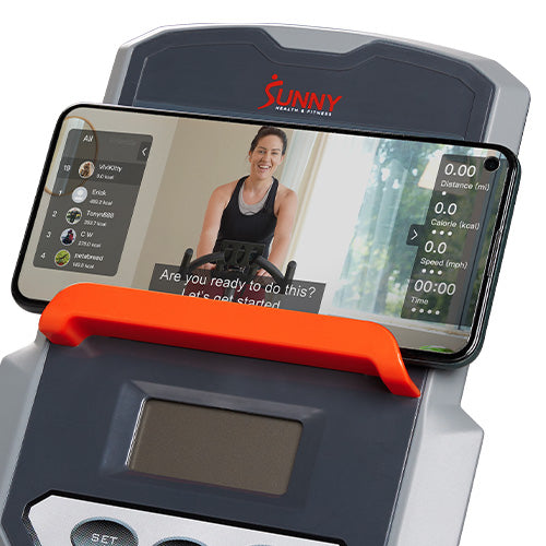 DEVICE HOLDER | Secure your phone or tablet in the centrally located device holder. Stay entertained during your workouts and stream your favorite TV show, or dial in your exercise session with a trainer-led workout in the SunnyFit® app.