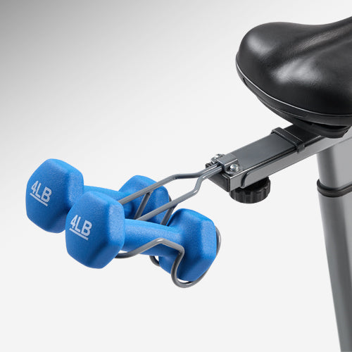 Built-in Dumbell Holder | Enjoy convenient access to your weights while cycling with our integrated dumbbell holder. 