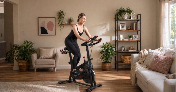 Girl performing her cardio workout on indoor cycle bike 