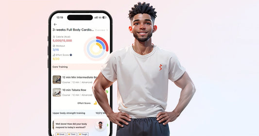 SunnyFit AI personal trainer avatar standing next to a phone with the SunnyFit app on screen  