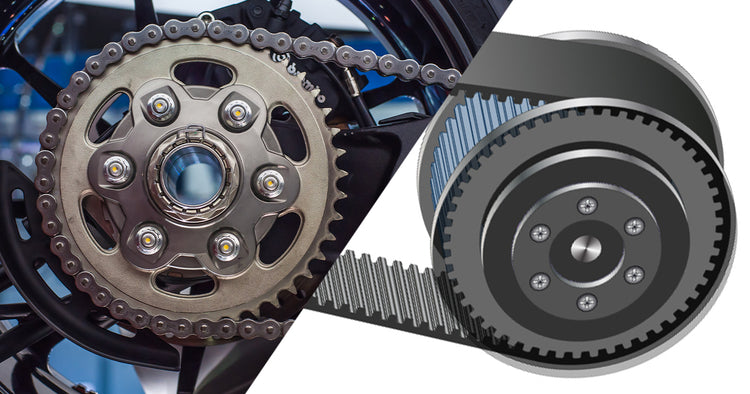 side by side image of bicycle chain and belt drive system