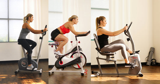 collage of woman using upright exercise bike, woman using indoor cycling bike, woman using recumbent bike