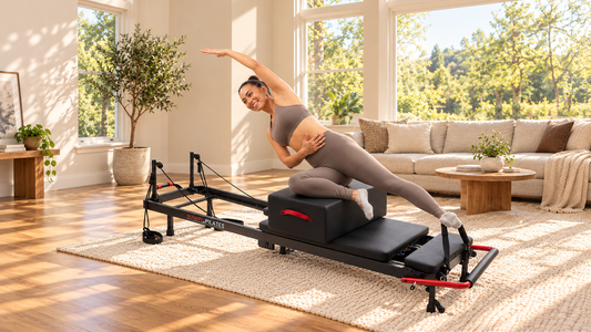 Athlete doing exercise on the pilates reformer. 
