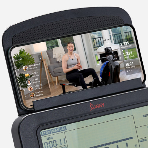 Integrated Device Holder | Secure holder above the console keeps your phone or tablet in place to follow with our SunnyFit Exercise Videos during your workout.