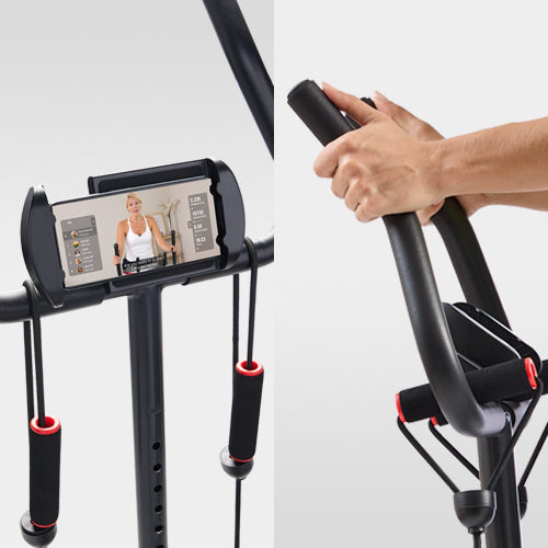 Device Holder/Handlebar Convenience | Features a secure device holder for easy access to exercise videos and virtual tours, with a handlebar that enhances stability and supports varied workout postures.