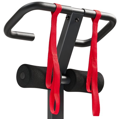 DUAL SAFETY STRAPS | 2 pairs of safety straps located on the front post of the stretch machine will help ensure the safe operation of the stretch trainer machine.