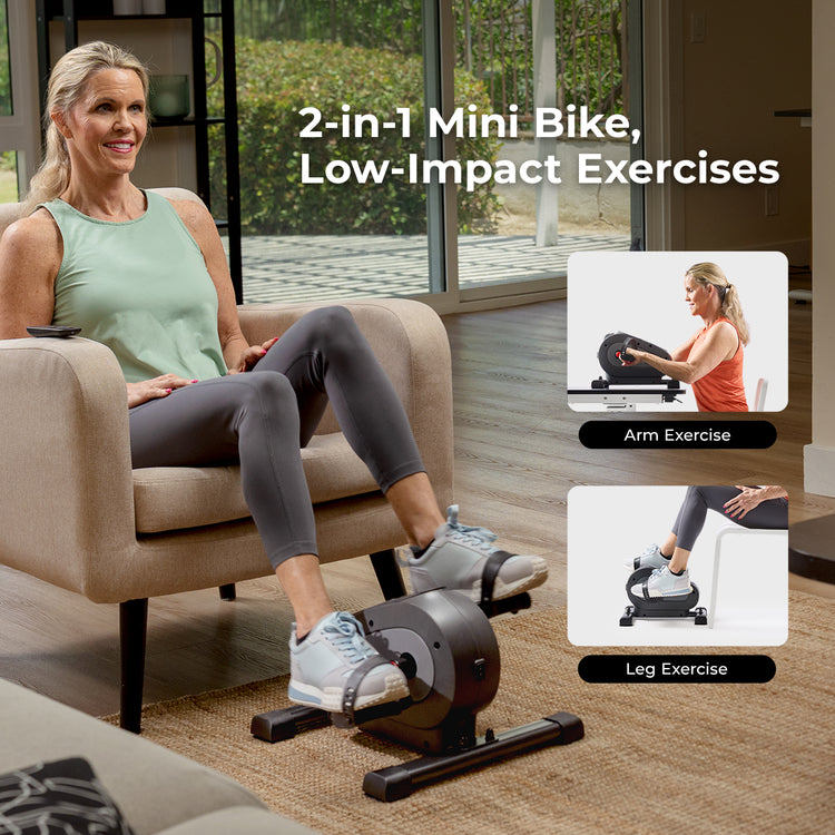 "(Lifestyle image)
Dual Function Minibike, Low-Impact Workouts Accomplished" | Arm Exercise, Leg Exercise, Highlight model's joints