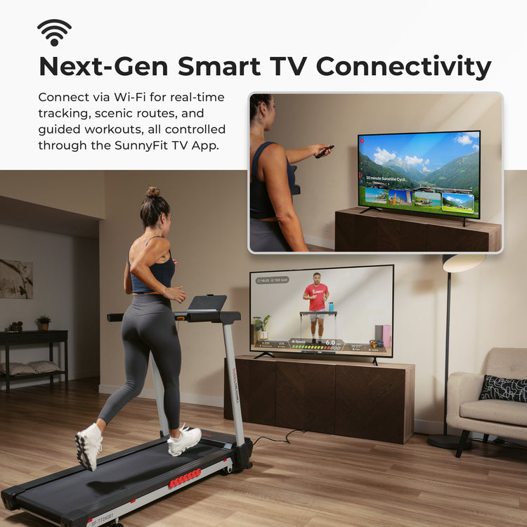 Next-Gen Smart TV Connectivity | Connect via Wi-Fi for real-time tracking, scenic routes, and guided workouts, all controlled through the SunnyFit TV App.
