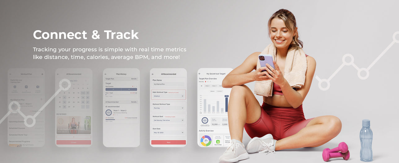 Connect & Track | Track Workout Plans - Tracking your progress is simple with real time metrics like distance, time, calories, average BPM and more!