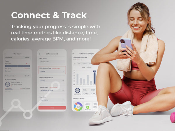 Connect & Track | Track Workout Plans - Tracking your progress is simple with real time metrics like distance, time, calories, average BPM and more!