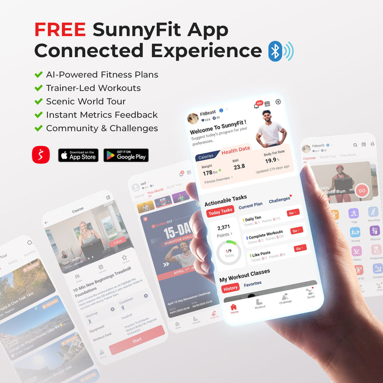 FREE SunnyFit App, Connected Experience (with Bluetooth icon) | AI-Powered Custom Plan, Trainer-Led Workouts, Scenic World Tour, Instant Metrics Feedback, Community & Challenges