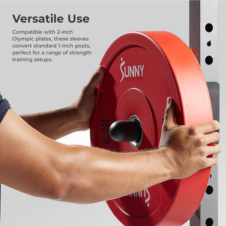 Versatile Use | Compatible with 2-inch Olympic plates, these sleeves convert standard 1-inch posts, perfect for a range of strength training setups.