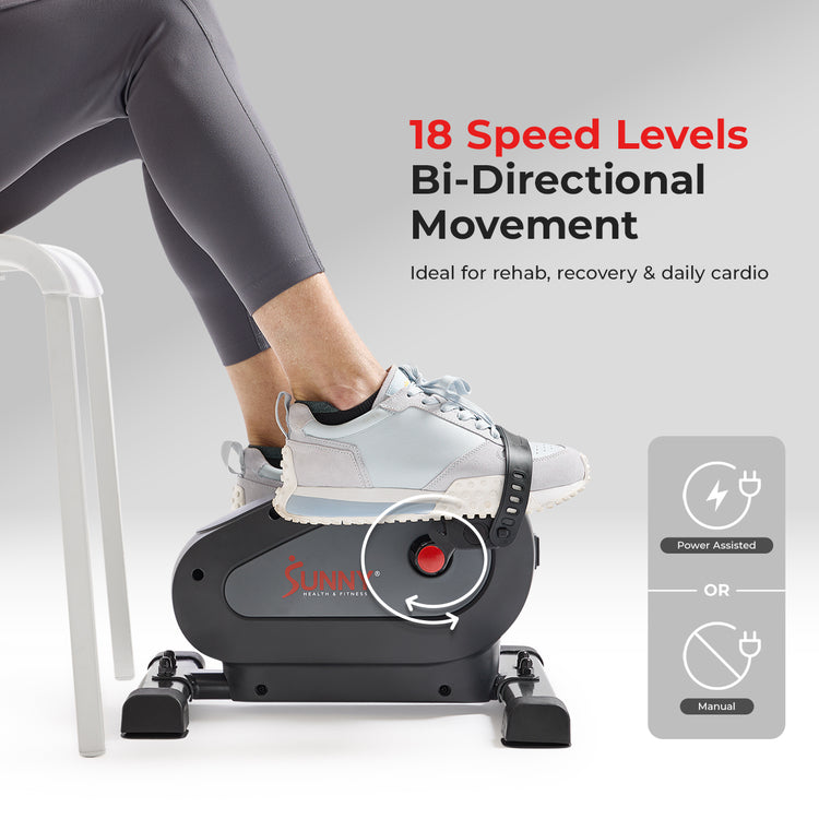 18 Speed Levels Bi-Directional Movement | Ideal for rehab, recovery, and daily cardio routine, mark two opposite directions of movement, symbols and text of Power Assisted & Manual
