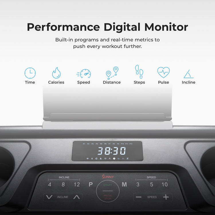 Performance Digital Monitor | Built-in programs and real-time metrics (speed, time, distance, calories, incline, steps, heart rate) to push every workout further.