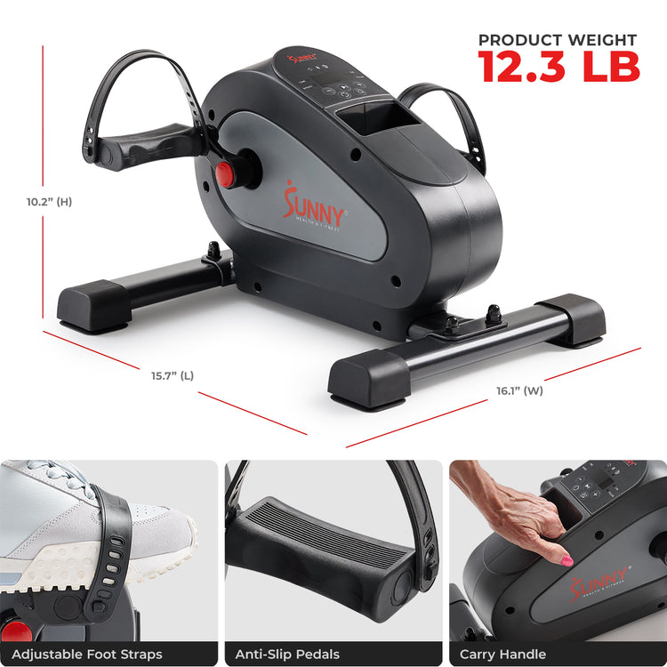 15. x 16.1 x 10.2" / 12.3Lb | adjustable foot straps, anti-slip pedals, non-skid base