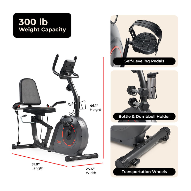 Sunny Health & Fitness Smart Recumbent Bike with Bands, Steel Sunny Health & Fitness Smart Recumbent Bike with Bands, Steel