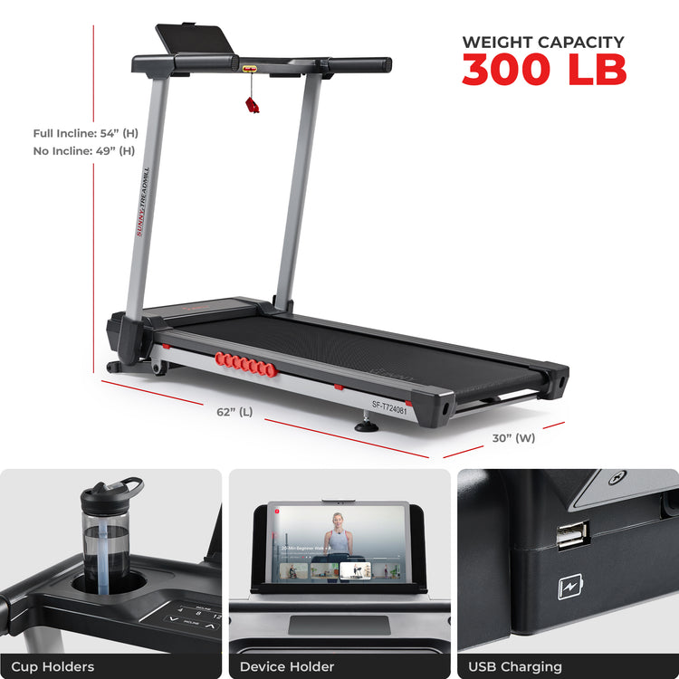 (Display ALL Dimension LxWxH & Weight claim in pounds & inches) | 62.2*29.5*48.8/54.3 inches (incline) (cup holders, a device holder, and USB charging). 