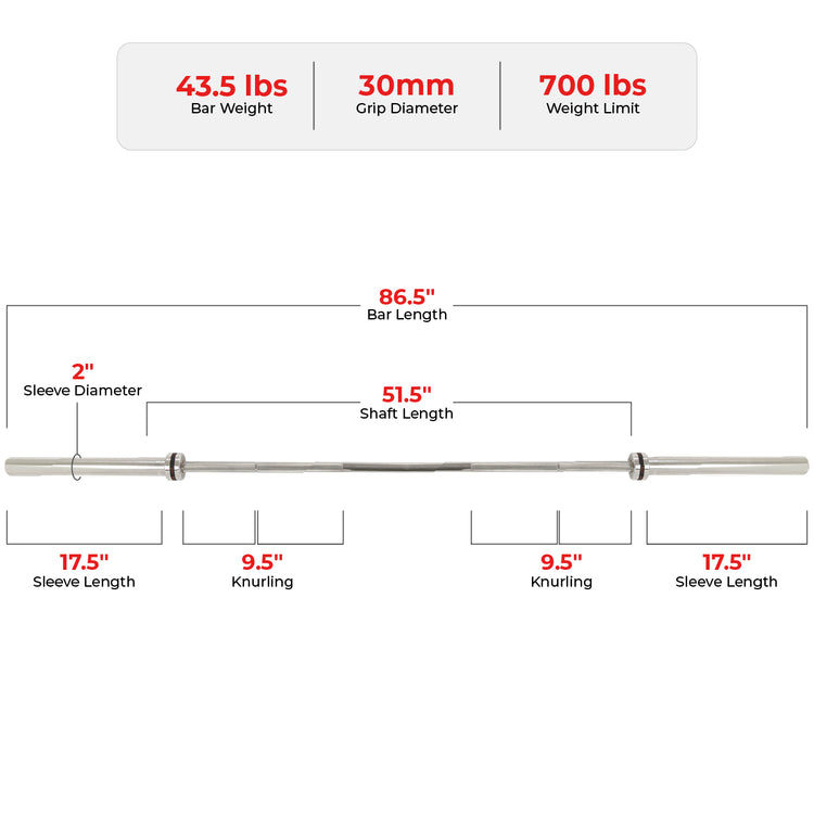 86" (7 ft) Olympic Barbell Bar - 28mm & 30mm Shafts
