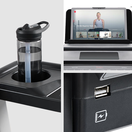 Built-In Convenience | Features cup holders, a device holder, and USB charging to keep your essentials within reach during workouts.