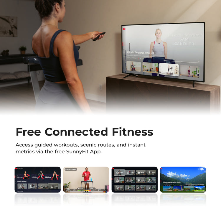 Free Connected Fitness | Access guided workouts, scenic routes, and instant metrics via the free SunnyFit App.