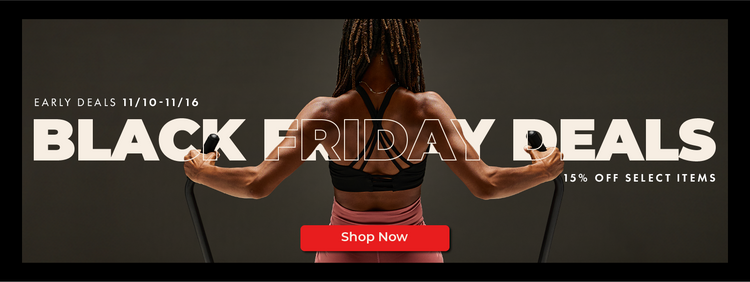 Woman in athletic wear with 'Black Friday Deals' text and promotional offer on a dark background