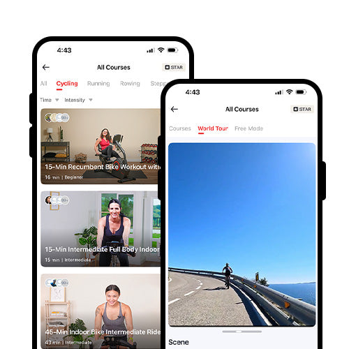 Training App Benefits | Access SunnyFit workouts, scenic ride videos, community features, and leaderboards to keep every cycling session more engaging.