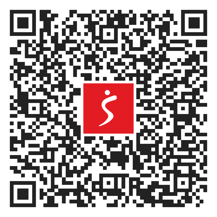 QR code with a red logo featuring a white figure on a white background