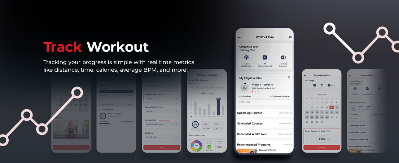 Connect & Track | Track Workout Plans - Tracking your progress is simple with real-time metrics like distance, time, calories, average BPM, and more!
