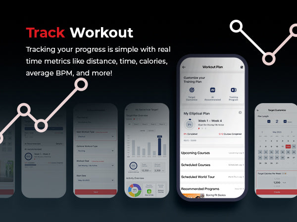 Connect & Track | Track Workout Plans - Tracking your progress is simple with real-time metrics like distance, time, calories, average BPM, and more!