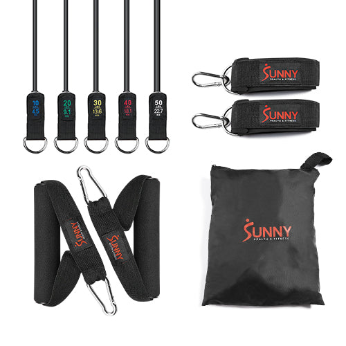 Complete Home Gym Set | Includes 5 bands, handles, ankle straps, door anchor, and carry bag for full-body workouts in one kit.
