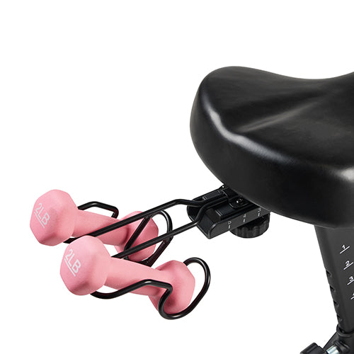 Built-In Dumbbell Holder | Keep dumbbells within easy reach for convenient strength training between cycling intervals.
