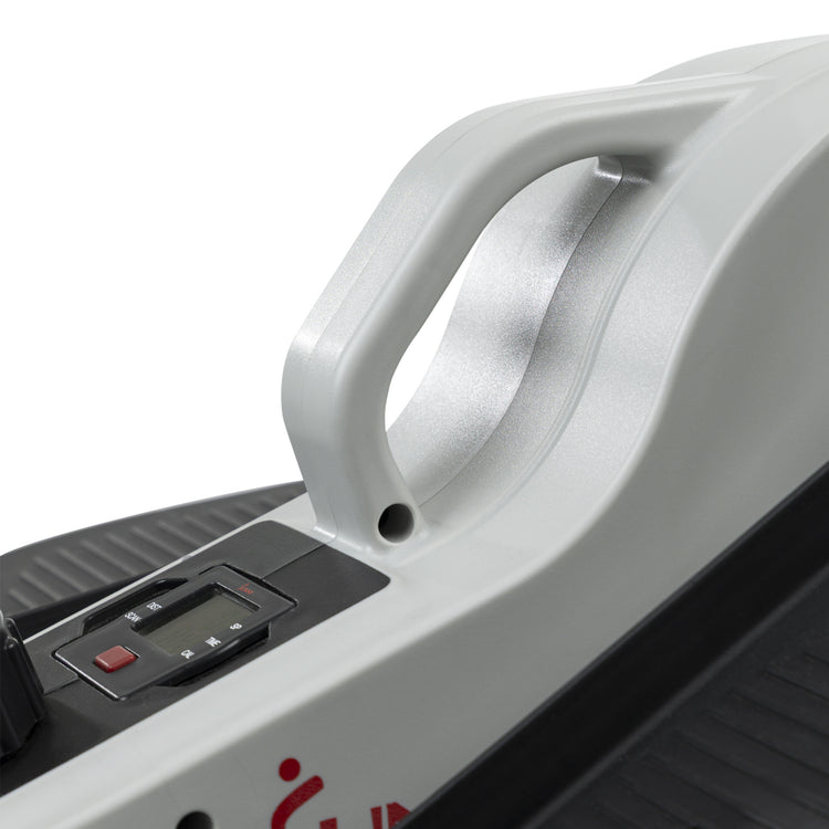 CARRY HANDLE | Measuring at 22.6L x 18.5W x 10.6H inches this low profile and compact exercise machine can be placed anywhere you choose to sit. Weighing only 25 pounds and equipped with a conveniently centered transportation handlebar.