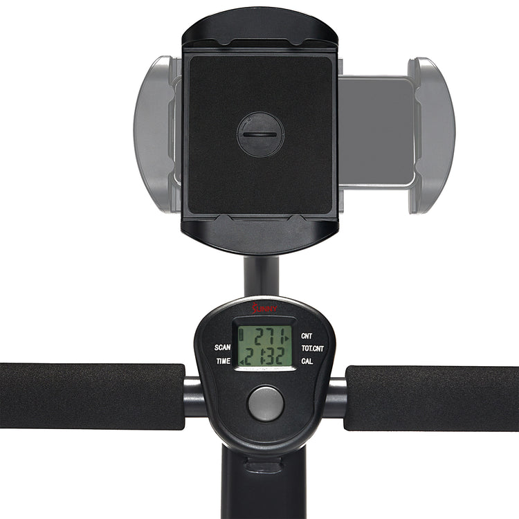 Integrated device holder | Secure holder above the console keeps your phone or tablet in place for entertainment during your workout.