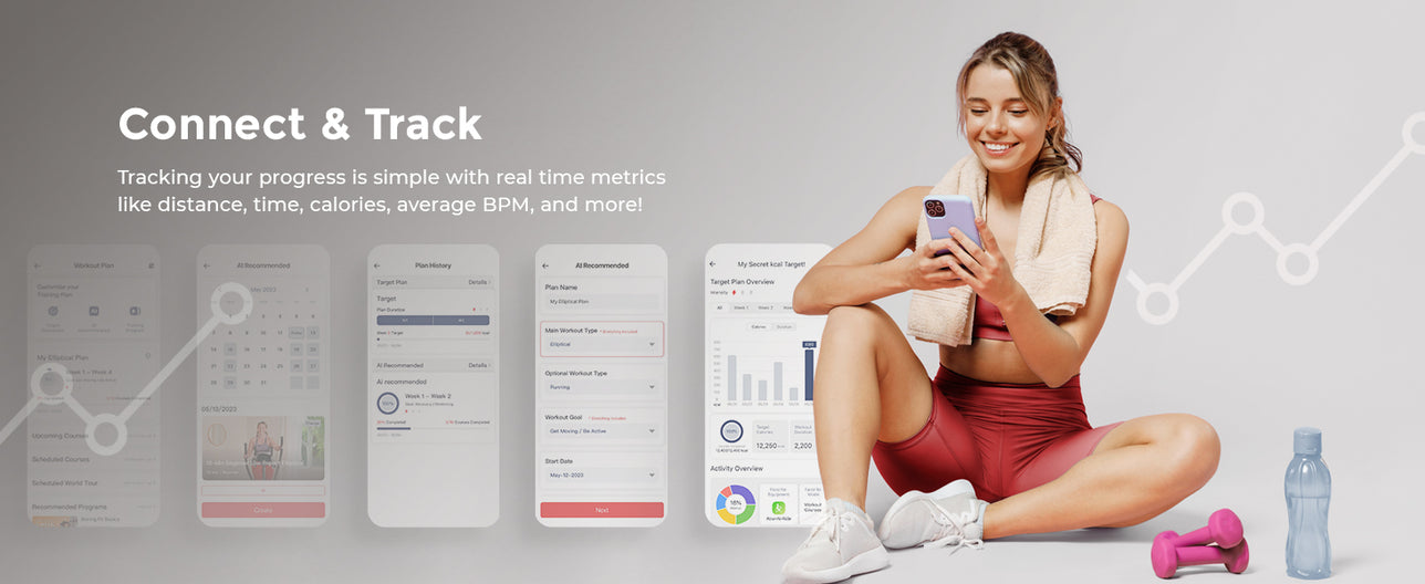 Connect & Track | Tracking your progress is simple with real-time metrics like distance, time, calories, average BPM, and more!