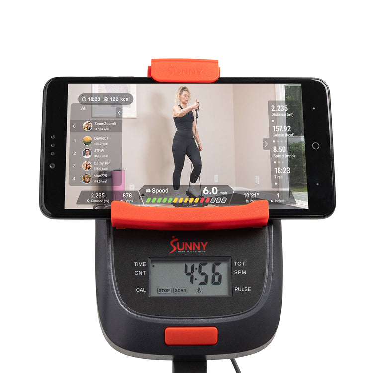 LCD Monitor + Device Holder | Track time, calories, steps, SPM, and total count; clip holder secures your phone or tablet.