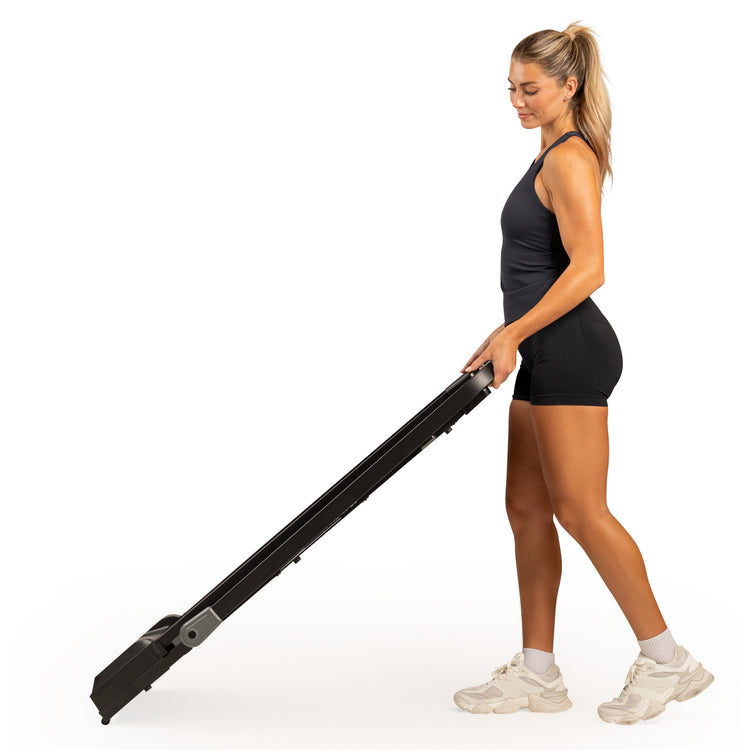 Compact, Space-Saving Design | Lightweight with built-in wheels for easy movement and storage. The 40” x 16” walking deck supports speeds from 0.5 to 3.7 mph for walking and up to 6 mph for running with the handlebar extended.