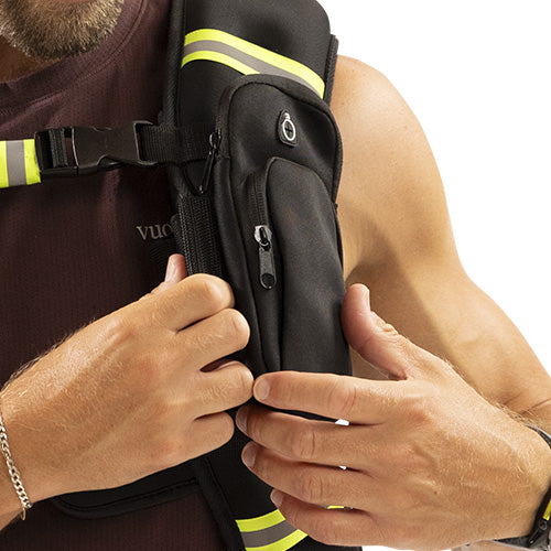 Outdoor-Ready Storage | Detachable pouch, armband option, headphone opening, and rear mesh pocket keep training convenient.