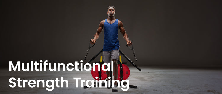 Man exercising on homegym machine with text 'Multifunctional Strength Training' on a dark background