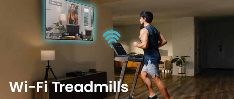 Man using a Wi-Fi treadmill in a home setting with a TV displaying a video.