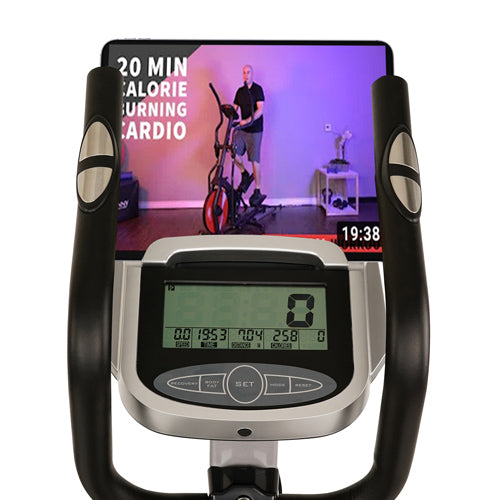 DEVICE HOLDER | Never miss a beat or stride using the SF-E3804's device holder. Tune into Sunny Health & Fitness online training videos for professional fitness tips and lessons!