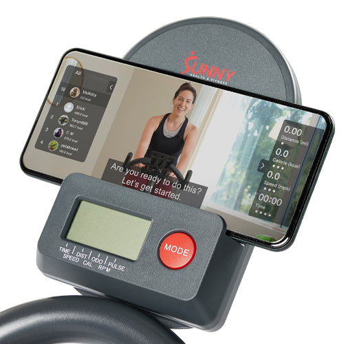 DEVICE HOLDER | Follow along to your favorite Sunny Health & Fitness training videos on your iPad, tablet, or other mobile device.