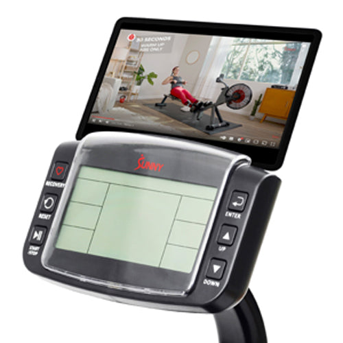 DEVICE & TABLET HOLDER | Follow along to your favorite Sunny Health & Fitness training videos on your tablet or mobile device.