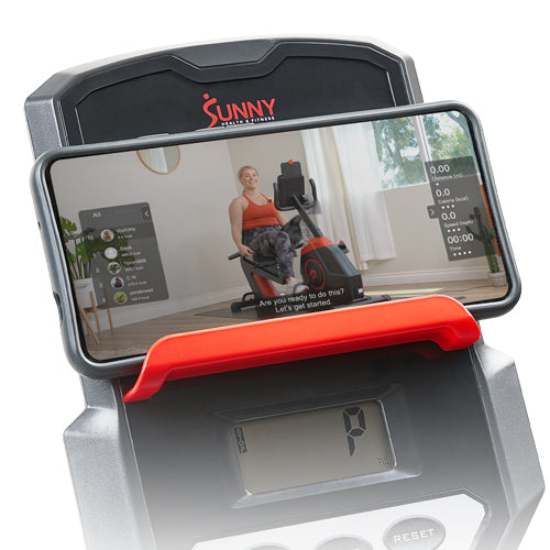 DEVICE HOLDER | Place your tablet, phone, or other mobile devices to stay connected. Follow along online or through the SunnyFit® APP with our trainers for certified fitness tips, advice, and lessons.