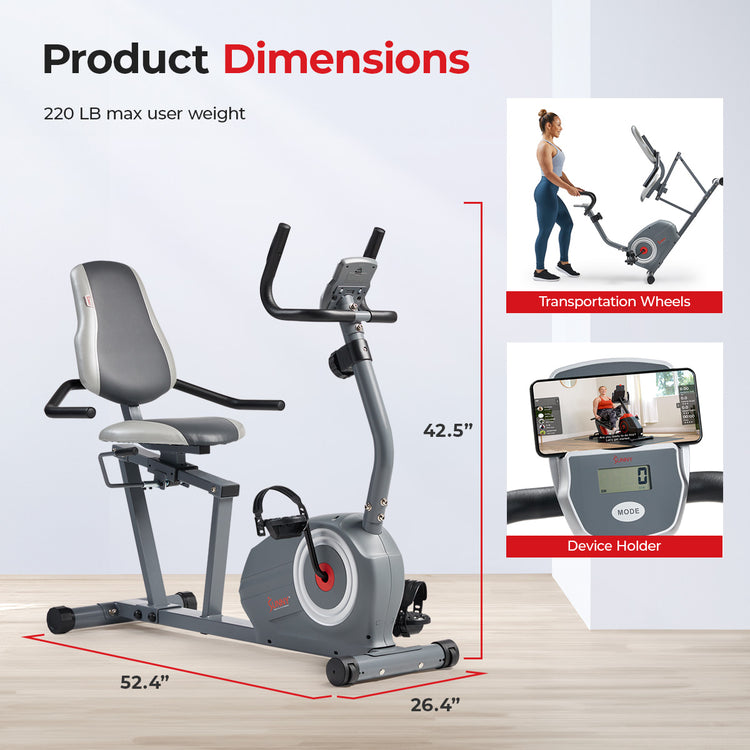 Essentials Series Magnetic Smart Recumbent Bike with Exclusive SunnyFit® App Enhanced Bluetooth Connectivity