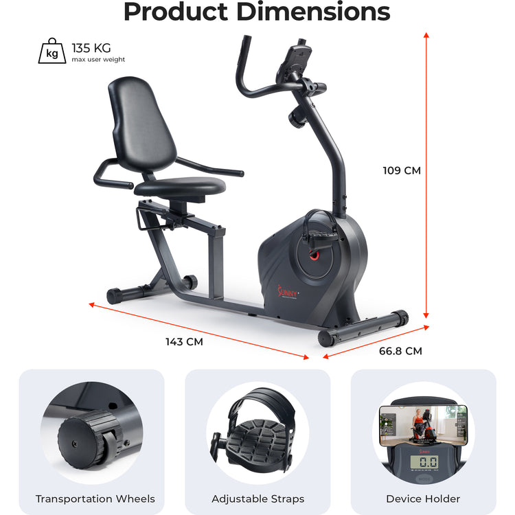 Sunny Health & Fitness Smart Magnetic Resistance Recumbent Bike, Black (SF-RB4616SMART)