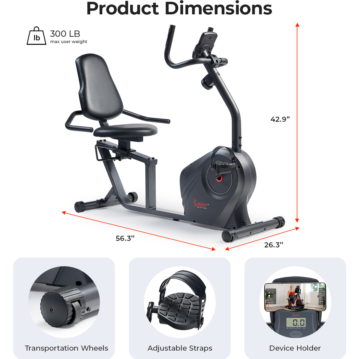 Sunny Health Fitness Smart Magnetic Resistance Recumbent Bike with Easy Adjustable Seat