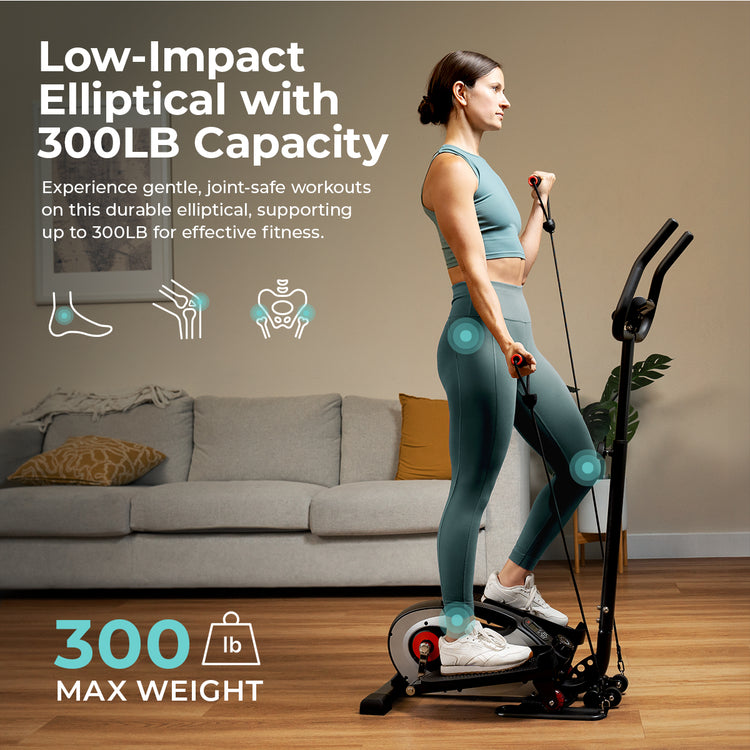 Compact Smart Magnetic Elliptical Trainer with Handlebar and Resistance Bands